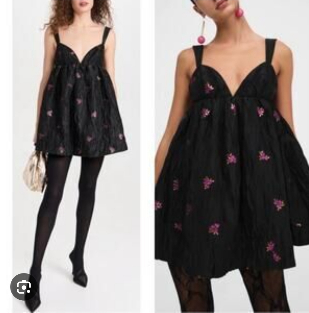 NWT For Love & Lemons Sachi Black Floral Jacquard Babydoll Mini Dress S